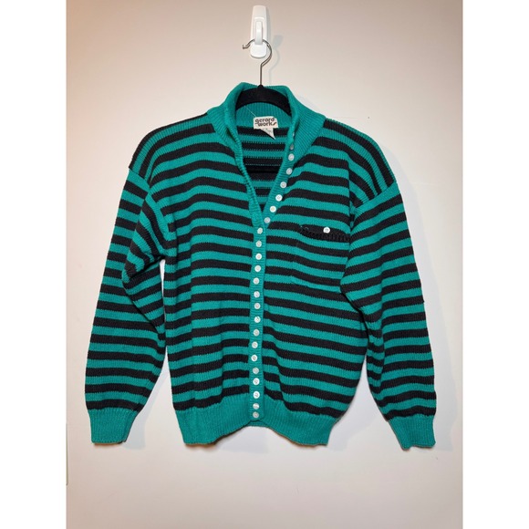 Gerard Works Sweaters - Gerard Works Vintage Striped Cardigan Sweater Teal Black Knit Button Up Womens M